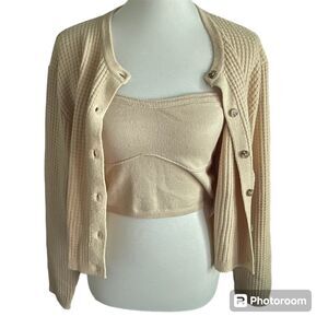 NIA Large Womens 2 PC Cardigan Tube Top Beige Tan Crop Top